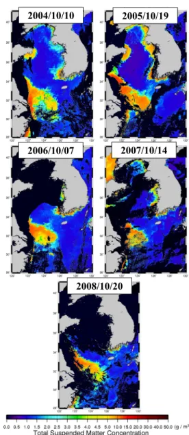 Fig. 3. The images of suspended solid particle  distribution obtained from SeaWiFS using Ahn's  SS algorithm at the East China Sea in October  every year from 1998 to 2008.