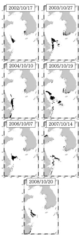 Fig. 4. The images of suspended solid particle  distribution (range: over 10 g/m 3 ) obtained from  SeaWiFS using Ahn's SS algorithm at the East  China Sea in October every year from 1998 to  2008.