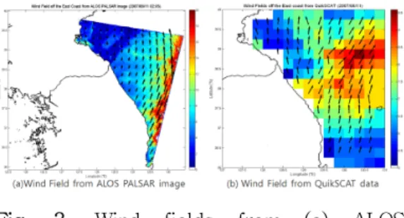 Fig.  2.  Wind  field  in  the  study  area  from  ALOS  PALSAR  image.  (2007/08/11) 
