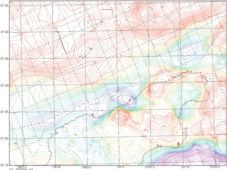 Fig. 7. Bouguer anomalies from shipborne and land gravity data. Assumed density is 2400 kg/m 3 