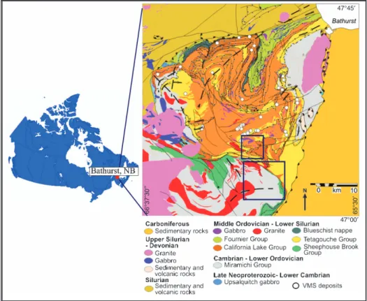 Fig. 5. Location map of the Bathurst Mining Camp and its regional geology. The small rectangle marks the location of the detail area in Figure 7; the bigger rectangle marks the location of the detail area in Figure 9
