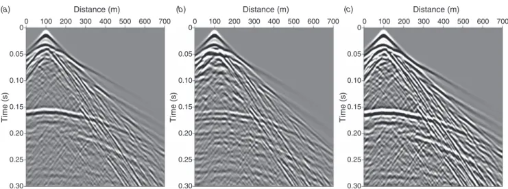 Fig. 9. Synthetic seismograms for the models in Figure 8: (a) rough surfaces; (b) rough surface containing incursions; (c) rough surfaces with heterogeneous basalt layer.