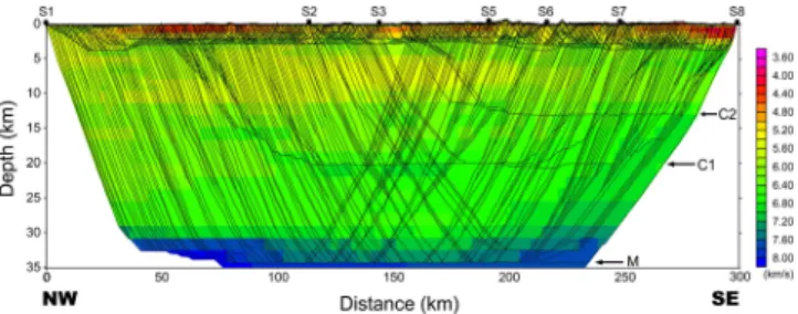 Fig. 6. Tomograms with superimposed raypaths for profile KCRT- KCRT-2008 from seven shots