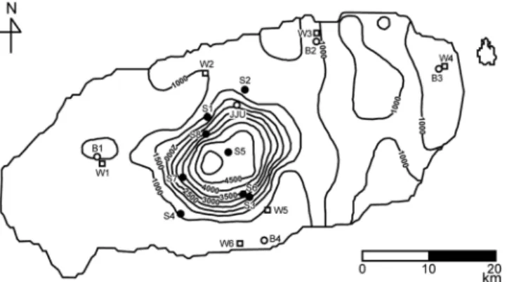Fig. 1. Map showing 13 sites used in the H/V spectral-ratio study and contours of basement topography derived from gravity modeling of Kwon  et al