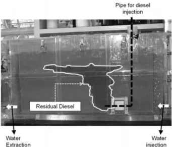 Fig. 3.  Dyed groundwater flowing within the two-dimensional soil tank.