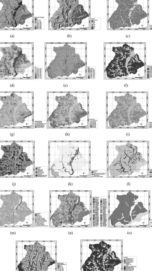 Fig. 5.  Constructed spatial database for landslide susceptibility analysis.(a)(d)(g)(j)(m)(p) (q)(n) (o)(k)(l)(h)(i)(e)(f)(b)(c)