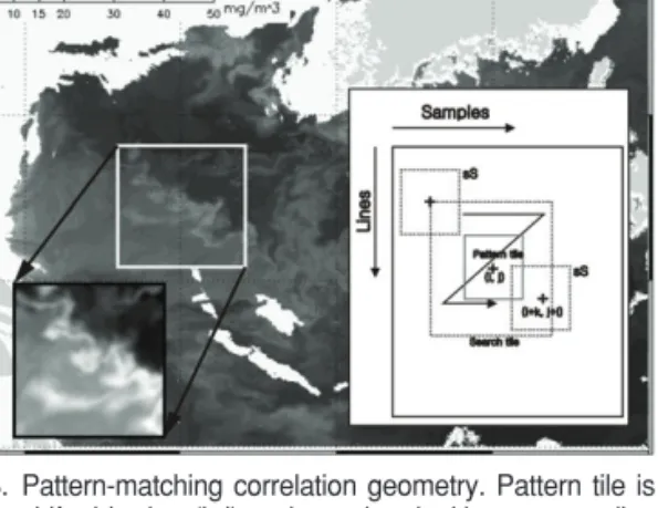 Fig. 3.  Pattern-matching correlation geometry. Pattern tile is shifted by lag (i, j) and correlated with corresponding section of search tile (sS) to produce correlation value r(i, j)