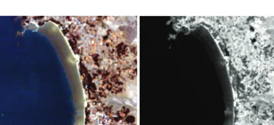 Fig. 2.  Landsat-7  ETM+  image (2004/03/23). (a) An RGB image with band-3, 2, 1 composite does not show any pattern of ridge-runnel