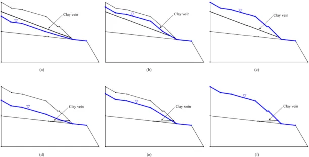Fig. 4. Three different conditions of water table with various orientation of clay vein
