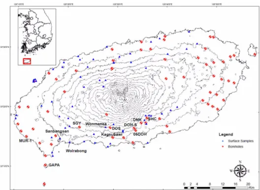 Fig. 1. Map of borehole locations and outcrop sample sites in Jeju Island. Coordinate system is in WGS84, altitudes are shown in meters, and contours are shown in both 100 m-intervals till 1900 m and 10 m-intervals till 1950 m