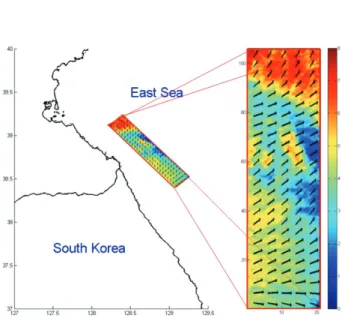 Figure 3. SIR-C SAR wind retrieved by using CMOD4 (Located off the East coast of Korea