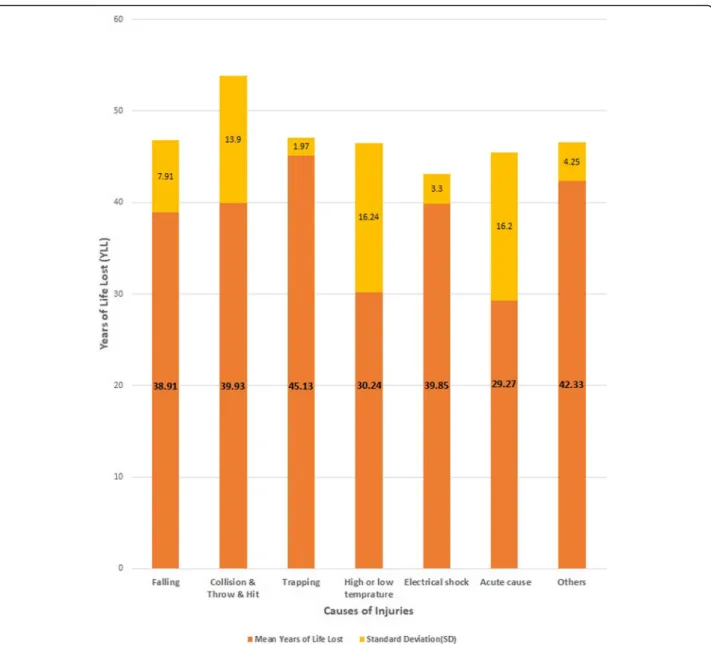 Fig. 1 The mean (±SD) of YLL in effect of different causes of injuries