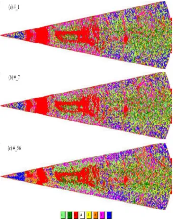Figure 5. Classification results after applying H/Alpha  and the Wishart classifier applied for 10 iterations by 3  windows: (a) #_1, (b) #_7, and (c) #_56