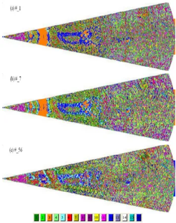 Figure 7. Classification results after applying H/A/Alpha  and the Wishart classifier applied for 10 iterations by 3  windows: (a) #_1, (b) #_7, and (c) #_56