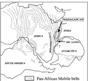 Fig. 1. Location of Madagascar in reconstruction of  the Late Proterozoic Gondwana (A
