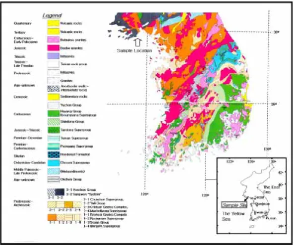 Fig. 2. Geologic map near the sampling site (Modified from Lee, 1987). (그림 2).     연구대상인 해사 시료는 20 mm 이상의 물질 및  조개껍데기  등을  트롬멜(trommel:  선광용  회전식  원통체)로 제거하여 원시료로 사용하였다
