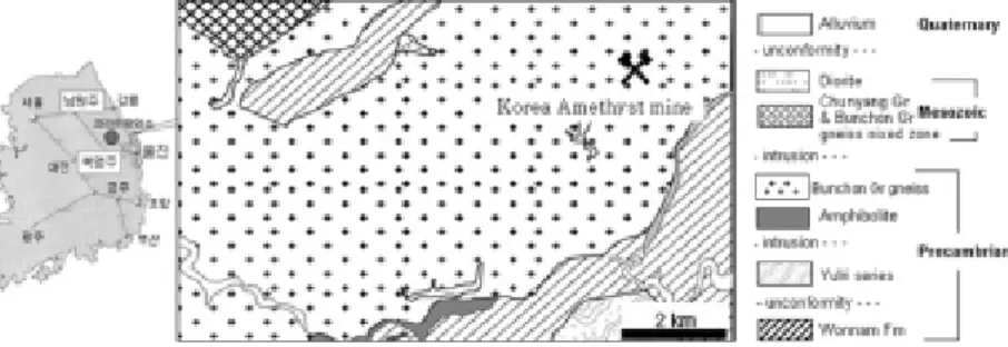 Fig. 1. Location and geological map of the study area showing the Korea Amethyst mine (after Kim et al., 1963).