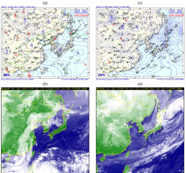 Fig. 2.  (a) Surface weather chart at 09 LST, 16 August 2007. (b) MTSAT 1km visible imagery at 09 LST, 16 August 2007