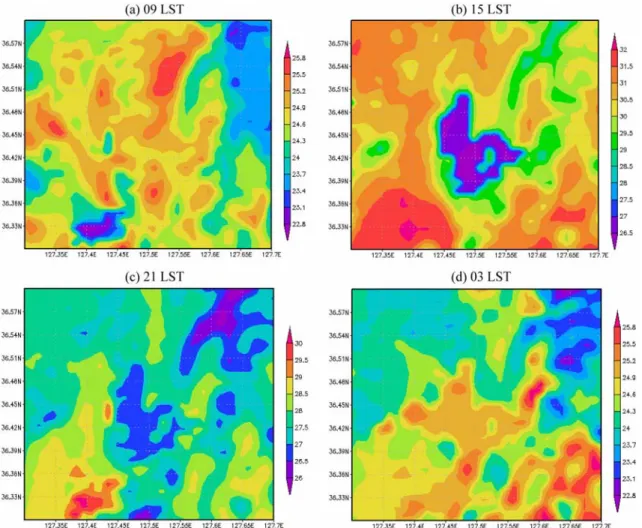 Fig. 5.  The simulated air temperature ( o C) at 2m above ground level for (a) 09, (b) 15, (c) 21, and (d) 03 LST at 16 August 2007 for the 1.1 km model domain.
