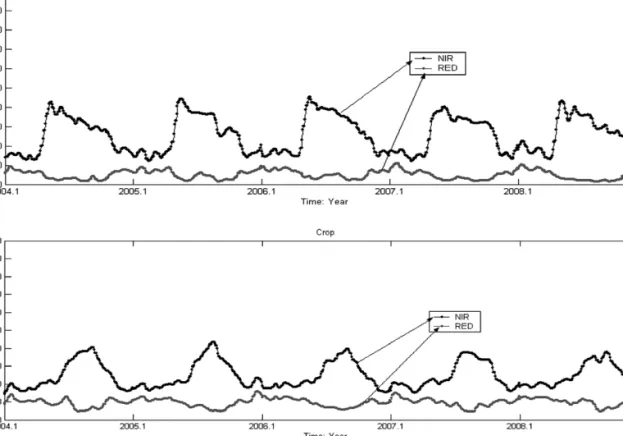 Fig. 10.  Reflectance pattern from 2004 to 2008: deciduous (top) and paddy (bottom).