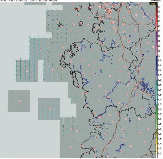 Fig. 7.  Wind vectors generated from Automatic Weather Stations (AWSs) around the study area (http://www.kma.go.kr)