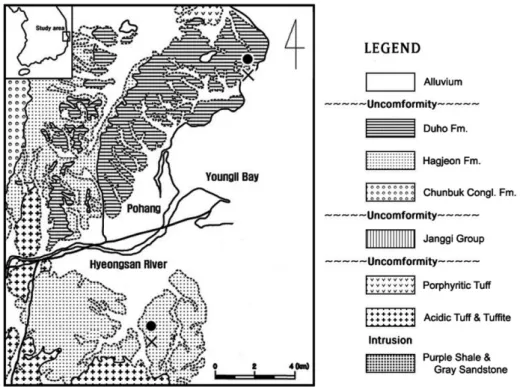 Fig. 1. Geologic map of the study area. X-points represent sampling sites.