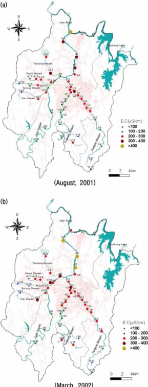 Fig. 5. Map showing the variation of electrical conductance along major streams in the Daejeon area