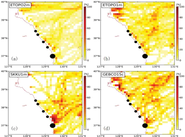 Fig. 7. Density of ray paths with model results from (a) ETOPO2m, (b) ETOPO1m, (c) SKKU1m, and (d) GEBCO15c.