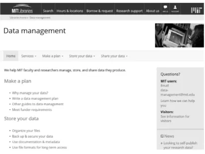 [그림  1]  MIT  도서관  데이터  관리  서비스  홈페이지 □ MIT  데이터  관리의  핵심  서비스는  계획세우기,  데이터  저장하기,  데이터 공유하기의 3개 영역임