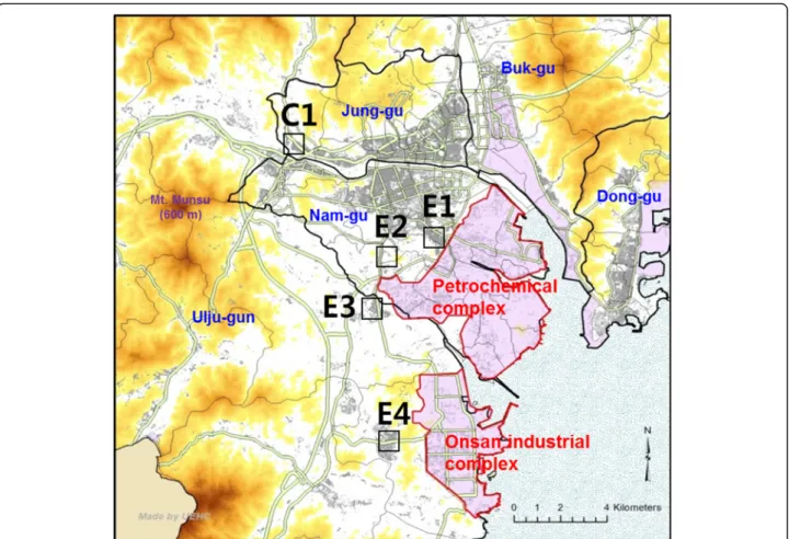 Fig. 1 Map showing (a) location of the study areas with high (E1 –4) and low (C1) exposure to air pollution