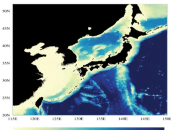 Fig. 1. RTSM-NEMO model domain with topography (m).