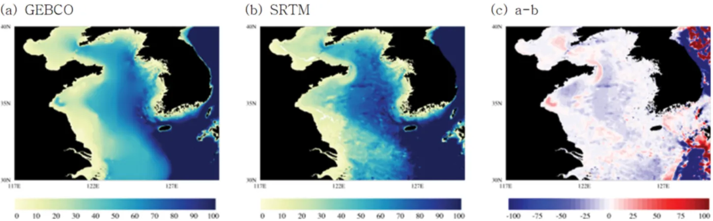 Fig. 4. Bathymetric  comparisons  between  (a)  GEBCO  and  (b)  SRTM.  In  the  bathymetry  difference  plot  (c),  differences  are  only  shown between 100 m and 100 m.