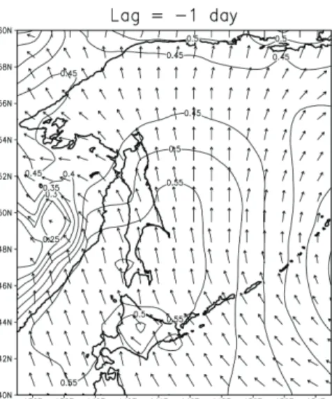 Figure 6. Lag correlation between the ERA-40 wind fields  and sea level difference (Wakkanai-Abashiri) from  January 1968 to August  2002.Figure placement and  numbering