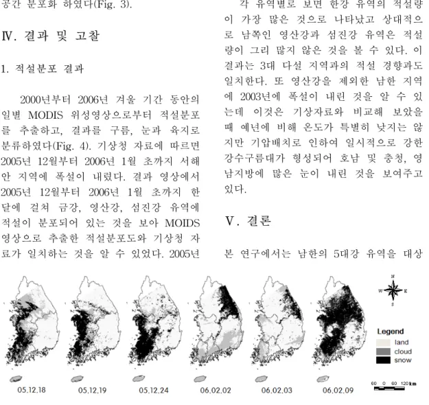 Fig.  4.  Snow  cover  map  for  5  river  basins  in  South  Korea.없으므로  일부  관측소의  자료에  의존할 수밖에  없다