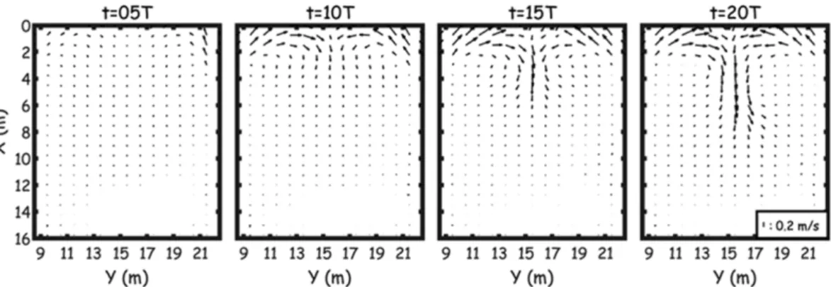 Fig. 4. 12-sec  averaged  velocity  vectors  of  the  unsteady  rip  current  evolved  by  the  incident  intersecting  wave  trains  of  H = 15 cm  and T = 2.4 s during t = 0~20T.