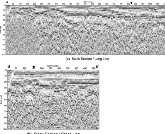 Fig. 6.  Stack sections along (a) line A-A' and (b) line B-B'. The crossing point of two seismic lines is denoted by a solid triangle.