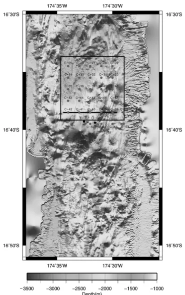 Fig. 2.  Detailed bathymetry map of the FRSC-2 area. Black box shows block of surface-tow magnetic survey in Fig