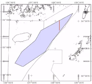 Fig. 1.  Survey area map of 07AQ seismic exploration project. Solid red line indicates sample test line (07AQ-015) of the first sequence.
