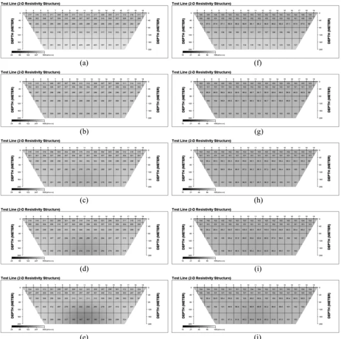 Fig. 13.  Inverted models for the 30  Ω m vein-type model when resistivity values of the surrounding rocks are 300  Ω m (a to e) and 100  Ω m (f to j)
