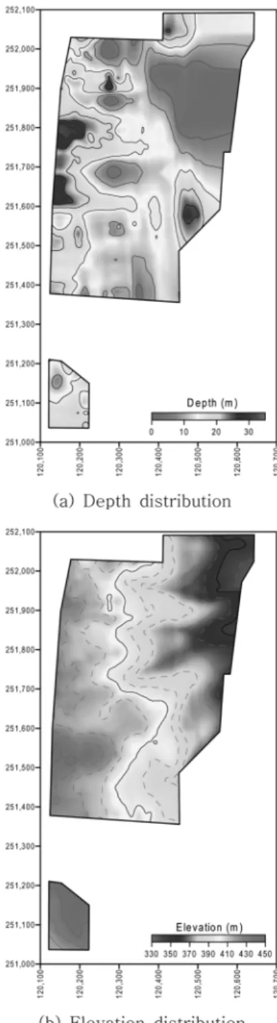 Fig. 11.  Seismic velocity distribution along depth. Fig. 12.  Contour map of lower boundary of weathered soil zone.