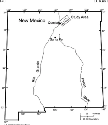 Fig. 2. Three-dimensional natural color satellite image on a USGS digital elevation model for the northern section of the Red River Valley between Molycorp’s Questa mine site and the town of Red River showing natural scars (from Caine, 2006).