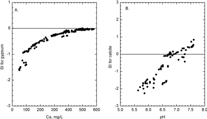Fig. 12. A. SI values for gypsum plotted relative to calcium concentrations. B. SI values for calcite plotted relative to pH.