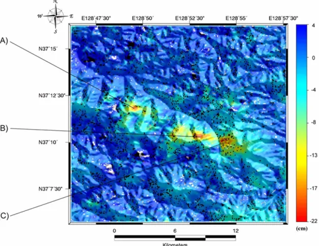 Fig. 5. Ground displacement in a LOS direction for 6 years overlaid on DEM after removing the pixel with the correlation value greater than 0.12 overlaid on DEM.
