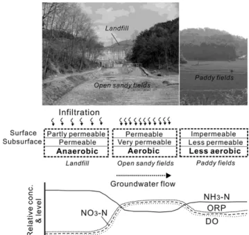 Fig. 2. Simple conceptual model illustrating variation of relevant groundwater parameters in and around the Wonju landfill