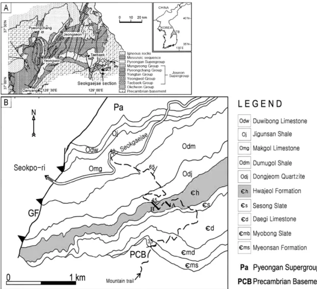 Fig. 1. (A) Simplified geologic map of the Choseon Supergroup in the Taebaeksan Basin and the location of study area