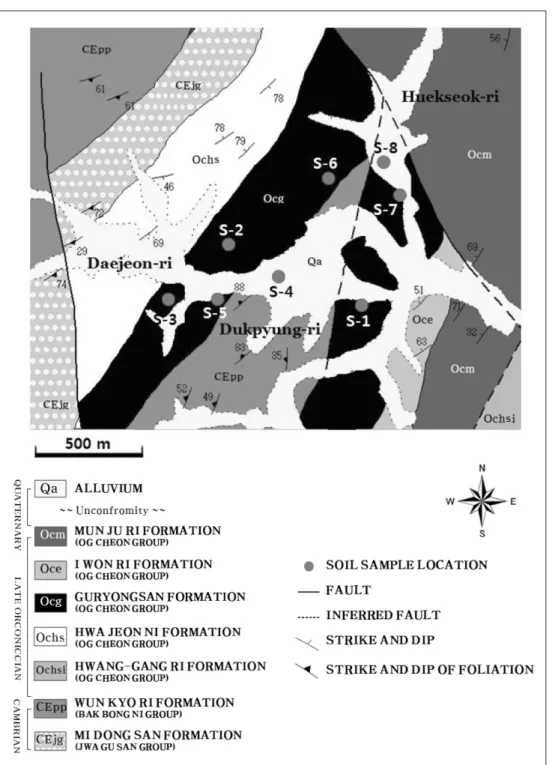 Fig. 1.  Geological map and soil sample locations in the study area (Modified from Korea Institute of Geoscience and Mineral resources, 2002).