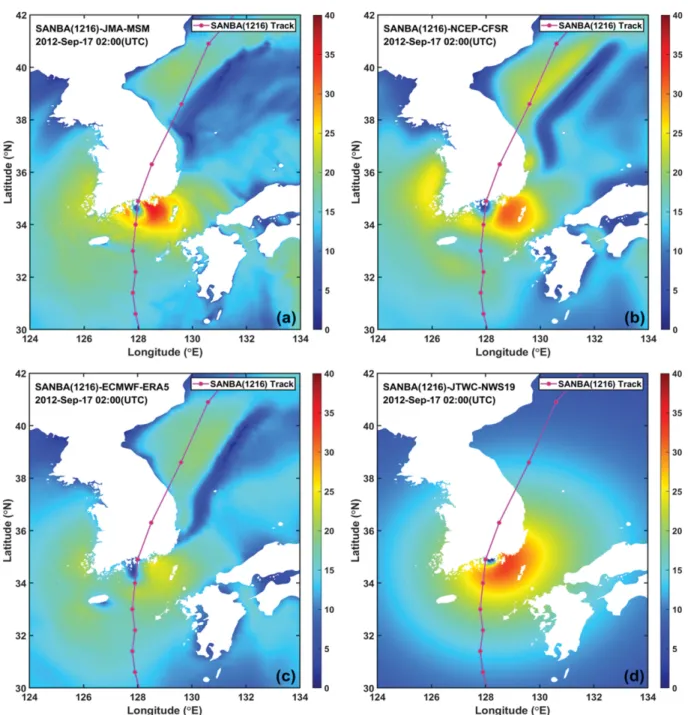 Fig. 5. Comparison of wind fields for Typhoon Sanba at 02:00 (UTC) on 17 Sept. 2012 (Unit, m/s): (a) JMA-MSM, (b) NCEP-CFSR, (c) ECMWF-ERA5, (d) JTWC-BT (NWS = 19).