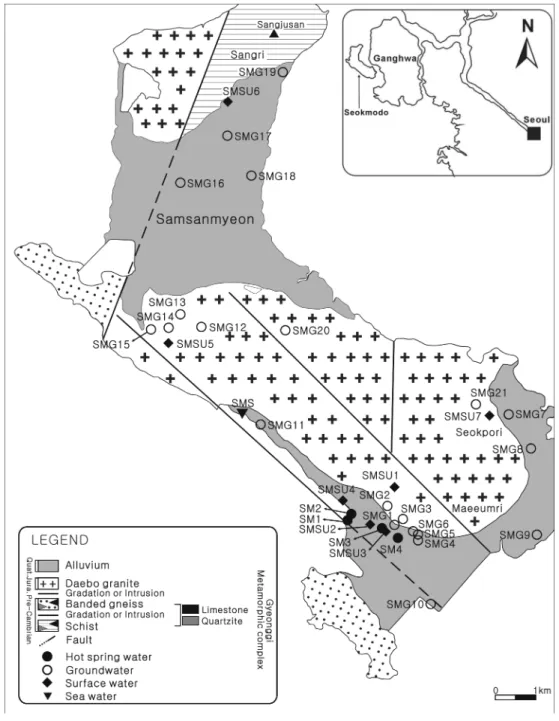 Fig. 1. Simplified geologic and sampling location map of the Seokmodo hot spring area in the Ganghwa province, South Korea.