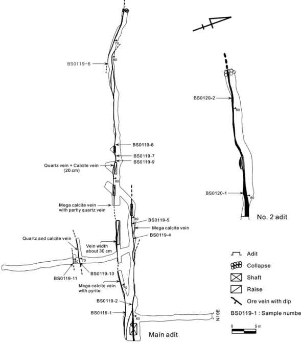 Fig. 2. Plan section of the Bongsang Au-Ag deposit, showing the orientation and location of the principal quartz veins and sampling locations.