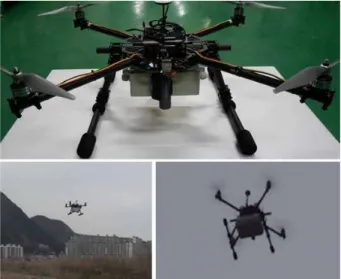 그림  11.  쿼드-로터  형태  UAV(위)와  비행  테스트(아래) Fig.  11.  Quad-rotor  type  UAV(Up)  and  flight  test(down).